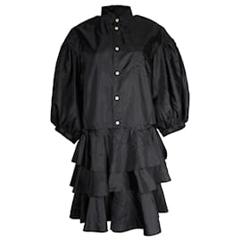 Comme Des Garcons-Comme Des Garcons Puff-Sleeve Tiered Taffeta Dress in Black Polyester-Black