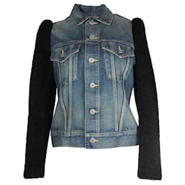 Junya Watanabe-Junya Watanabe Denim Jacket with Shearling Sleeves in Blue Cotton-Blue