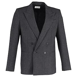 Saint Laurent-Saint Laurent Striped Double-Breasted Blazer in Grey Cotton-Grey