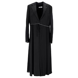 Jil Sander Pleated Tie-Waist Coat in Black Wool Black