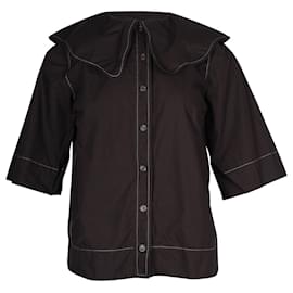 Ganni-Ganni Bubi Collar Button-Up Blouse in Black Cotton-Black