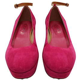 Tod's-Tod's Ankle Strap Wedge Sandals in Pink Suede -Pink