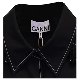 Ganni-Blouse portefeuille perlée Ganni en coton noir-Noir