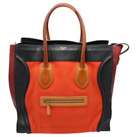 Céline-Celine Tricolor Micro Luggage Tote Bag in Rot Orange Schwarz Canvas und Leder -Orange