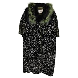 Fendi-Fendi Automne 2014 Runway Manteau bordé de fourrure mouchetée en cuir vert-Vert