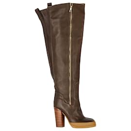 Chloé-Chloe Wooden Heel Knee Boots in Brown Leather-Brown