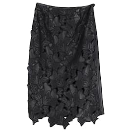 Erdem-Erdem Floral Cut-Out A-Line Skirt in Black Leather-Black