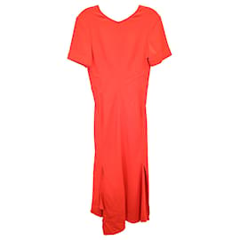 Victoria Beckham-Victoria Beckham Asymmetric Cady Midi Dress in Coral Viscose-Orange,Coral