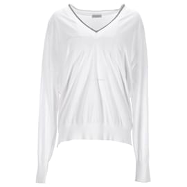 Brunello Cucinelli-Brunello Cucinelli Monili V-Neck Sweater in White Cotton-White