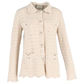 Gucci-Cardigan de crochê com botão de cristal Gucci em lã creme-Branco,Cru