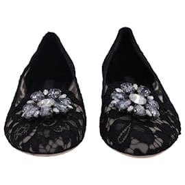 Dolce & Gabbana-Dolce & Gabbana Lace Crystal-Embellished Ballet Flats in Black Viscose-Black
