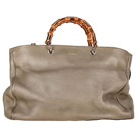 Gucci Metallic Large Bamboo Shopper Bag in Beige Leather Brown Beige