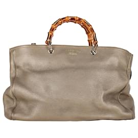 Gucci-Bolso shopper grande de bambú metálico Gucci en cuero beige-Castaño,Beige