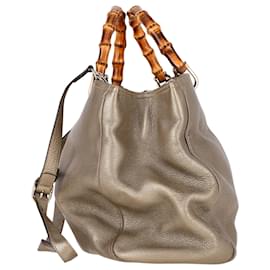 Gucci-Gucci Metallic Large Bamboo Shopper Bag in Beige Leather-Brown,Beige