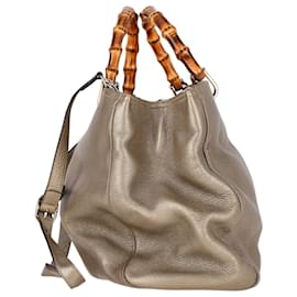 Gucci-Bolso shopper grande de bambú metálico Gucci en cuero beige-Castaño,Beige