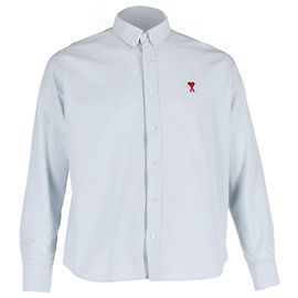 Camisa listrada com logotipo bordado Ami Paris em algodão azul Azul