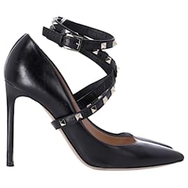 Valentino Garavani-Zapatos de tacón con tachuelas y correa cruzada Valentino en cuero negro-Negro