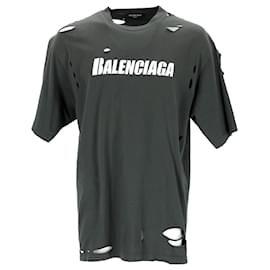 Balenciaga-Balenciaga Distressed Logo-Print T-Shirt aus grüner Baumwolle-Grün