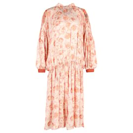 Autre Marque-Mother of Pearl Cold Shoulder Midi Dress in Floral Print Silk-Peach
