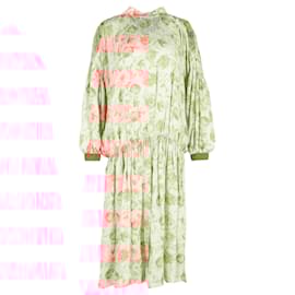 Autre Marque-Mother of Pearl Cold Shoulder Midi Dress in Floral Print Silk-Peach