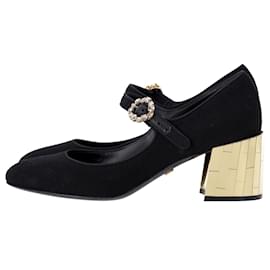 Dolce & Gabbana-Dolce & Gabbana Sapatos Mary Jane de salto dourado em lã preta-Preto