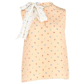 Joseph-Bluse mit Blumenmuster und Bindeband aus beiger Seide. Braun Beige