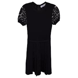 Valentino Garavani-Valentino Lace-Paneled Pleated Mini Dress in Black Viscose-Black
