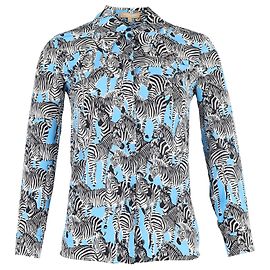 Michael Kors Blusa con botones y estampado de cebra en seda azul Azul
