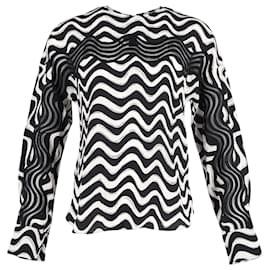 Stella Mc Cartney-Stella McCartney Wave-Print Long-Sleeve Blouse in Black and White Silk-Black