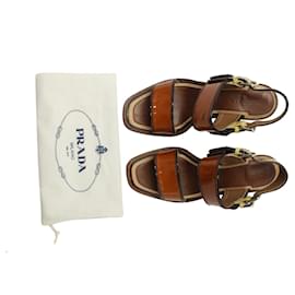 Prada-Prada Block-Heel Slingback Sandals in Brown Patent Leather-Brown