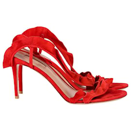 Aquazzura-Aquazzura Ruffled Sandals in Red Suede-Red,Other