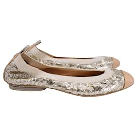 Chanel-Chanel Lambskin Cap Toe Ballerina Flats in Silver Sequins-Silvery