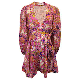 Zimmermann-Mini-robe portefeuille Zimmermann Fiesta à imprimé cachemire en lin multicolore-Multicolore