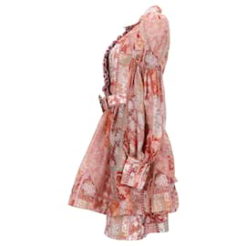 Zimmermann-Zimmermann Pleated Mini Dress with Belt in Multicolor Linen-Other,Python print