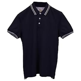 Brunello Cucinelli-Brunello Cucinelli Striped Collar Polo Shirt in Navy Blue Cotton-Navy blue
