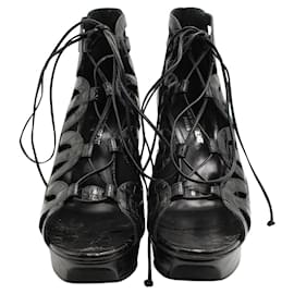 Saint Laurent-Black Croc Embossed Gladiator Tie Heels-Black