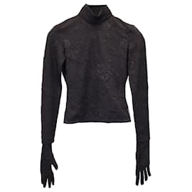 Balenciaga-Balenciaga Floral Lace Mock-Neck Gloved Top in Black Polyamide-Black