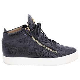 Giuseppe Zanotti-Giuseppe Zanotti London High Top Sneakers in Black Croc Embossed Leather -Black