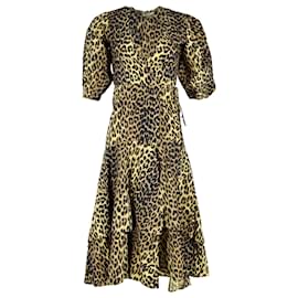 Ganni-Ganni Bijou Vestido cruzado con estampado de leopardo en algodón amarillo-Amarillo