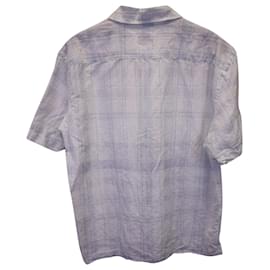 Ermenegildo Zegna-Ermnegildo Zegna Plaid Short Sleeve Shirt in Light Blue Linen-Blue,Light blue