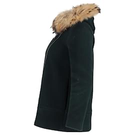 Sandro-Sandro Fur-Collar Pea Coat in Dark Green Wool-Green