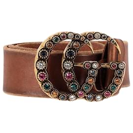 Gucci-Gucci Crystal-Embellished GG Belt in Brown Leather-Brown