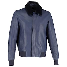Christian Dior-Dior Fur Collar Jacket in Navy Blue Leather-Blue,Navy blue