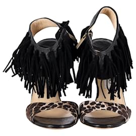 Jimmy Choo-Jimmy Choo Leopard-Print Fringe Sandals in Black Leather-Black