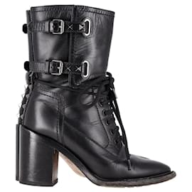 Valentino Garavani-Valentino Garavani Rockstud Double-Buckle Heeled Boots in Black Leather-Black