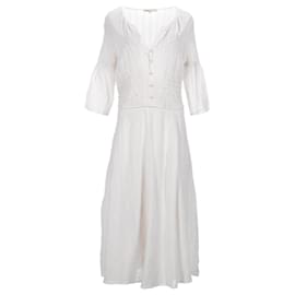 Maje-Maje Ringo Smocked Midi Dress in Ecru Viscose-White,Cream