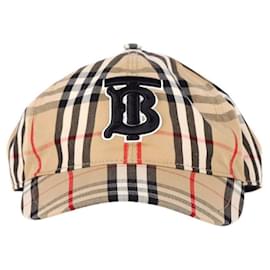 Burberry-Boné de beisebol Oxford xadrez com logotipo Burberry em algodão bege-Bege