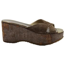 Jimmy Choo-Jimmy Choo Cork Wedge Platform Sandals in Brown Suede -Metallic,Bronze