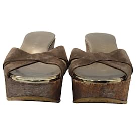 Jimmy Choo-Jimmy Choo Cork Wedge Platform Sandals in Brown Suede-Metallic,Bronze