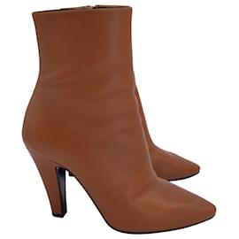 Yves Saint Laurent-Saint Laurent Almond-Toe Ankle Boots in Tan Calfskin Leather-Brown,Beige